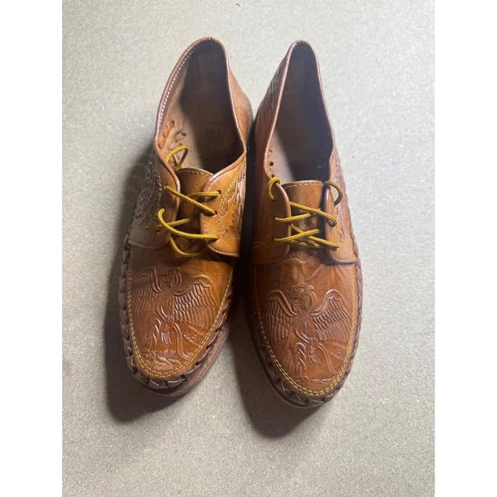 Artisanias Chavez Mens Tan Leather Aztec Eagle Tooled Huarache Oxford Shoes‎ 9